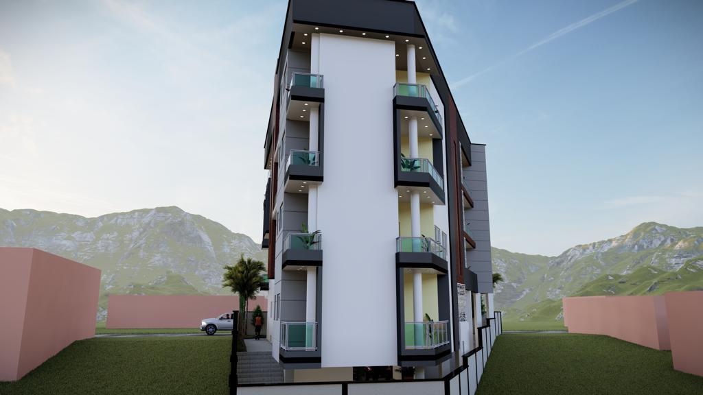 Rendu 3D d'un immeuble collectif depuis le jardin