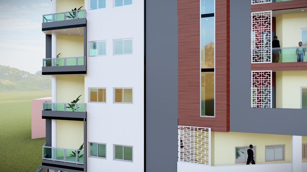 Détail de façade d'un immeuble collectif avec claustras et balcons