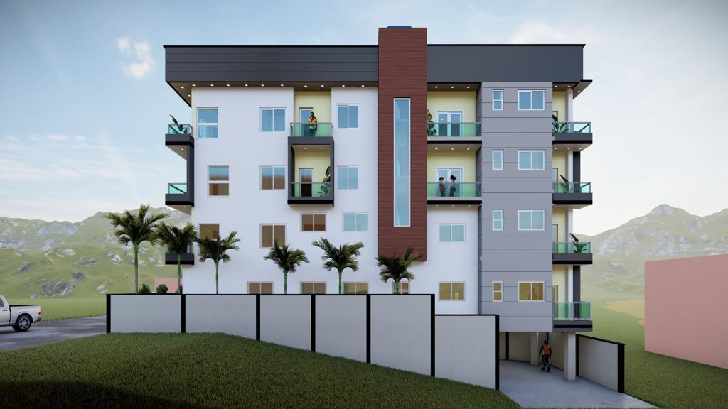 Façade principale d'un immeuble collectif avec traitement paysager