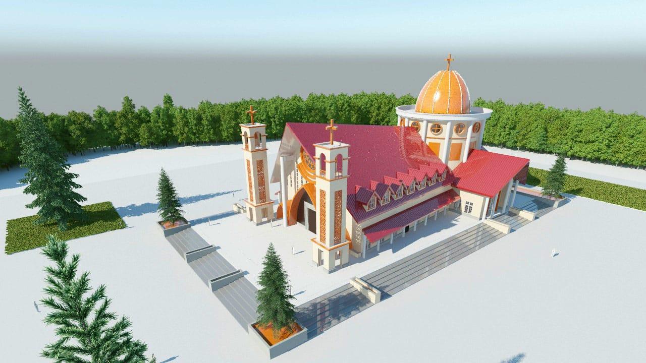 Vue aérienne 3D d'une église avec dôme et parvis