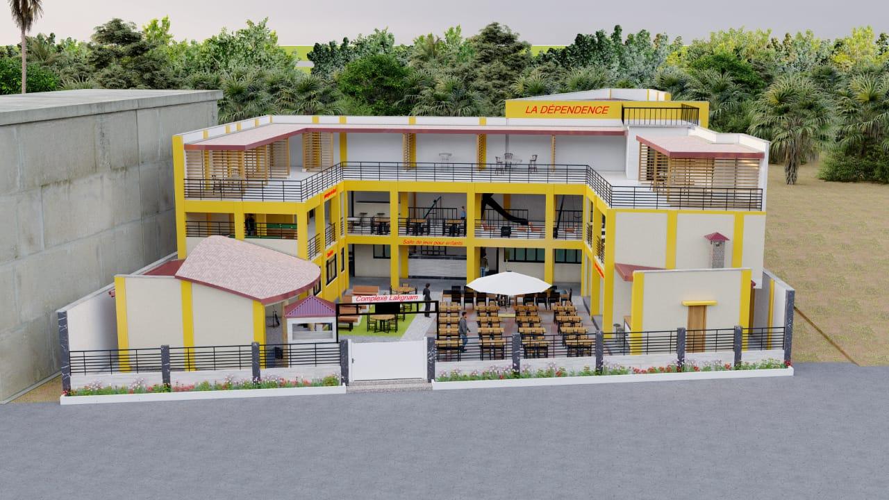 Complexe commercial jaune avec terrasses et espaces extérieurs