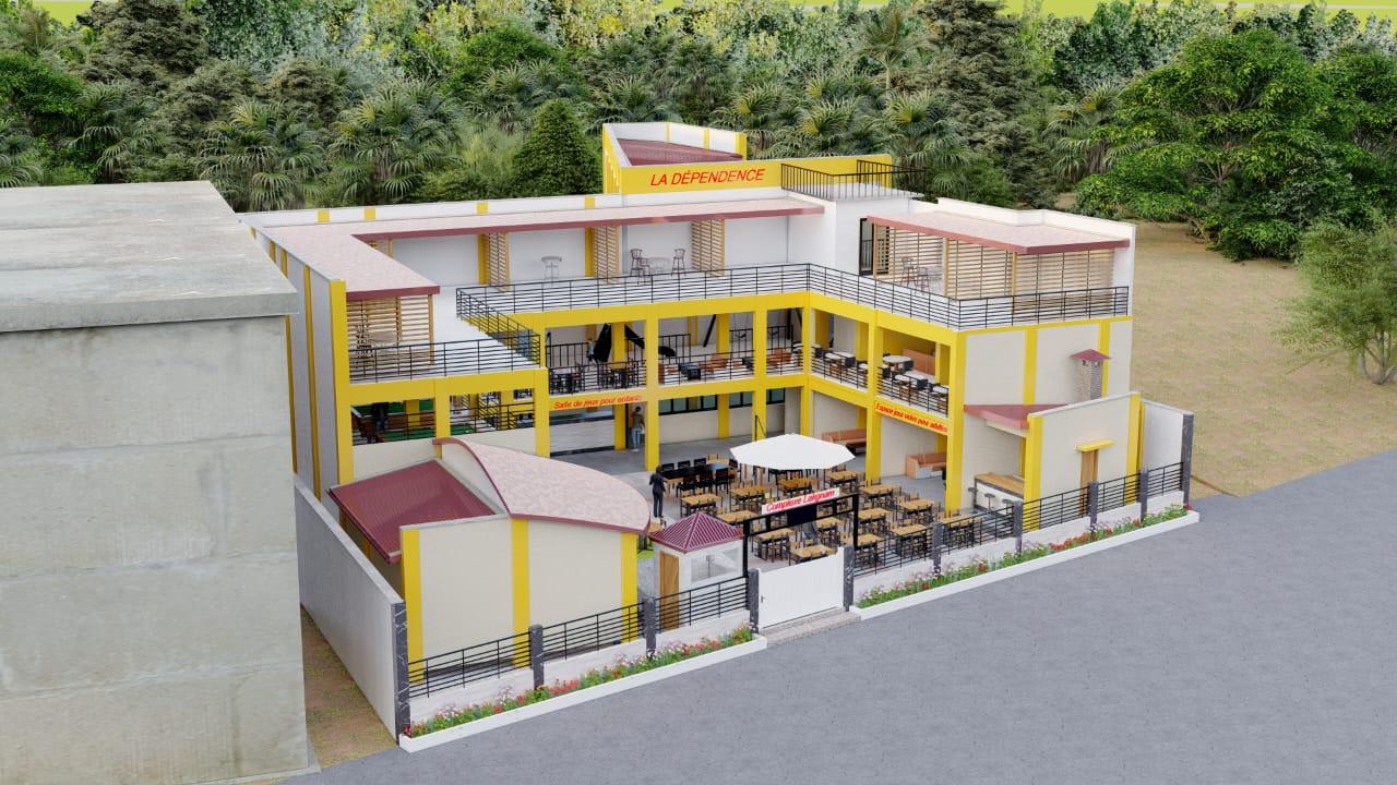Vue aérienne d'un complexe commercial avec terrasse restaurant