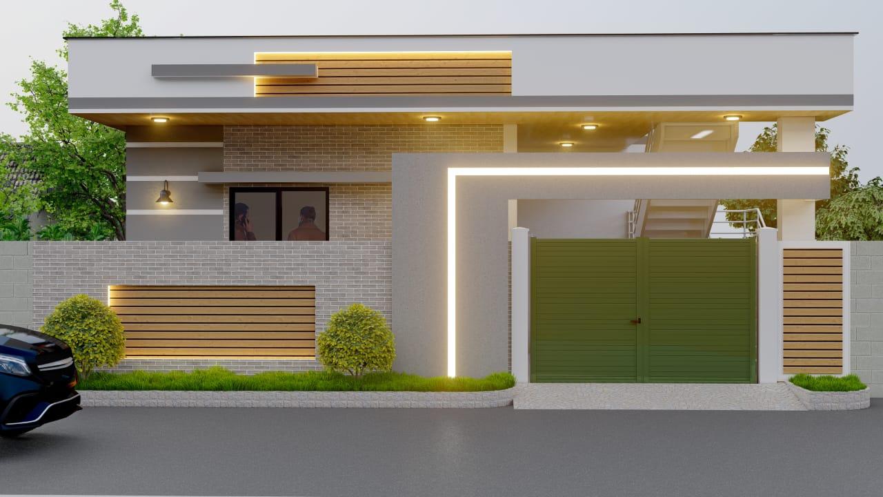 Portail contemporain avec éclairage linéaire et matériaux mixtes
