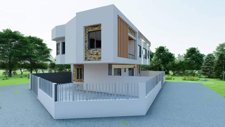 Perspective 3D d'une villa contemporaine avec clôture et volumes blancs
