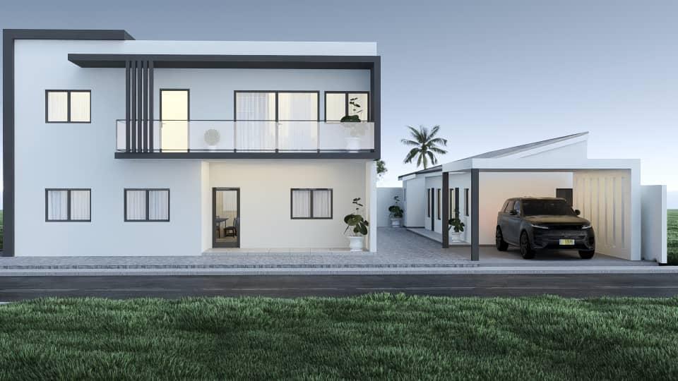 Façade frontale d'une villa contemporaine avec garage couvert