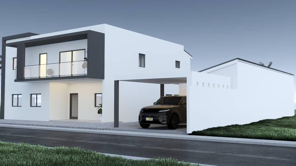 Perspective latérale d'une villa contemporaine avec accès véhicule