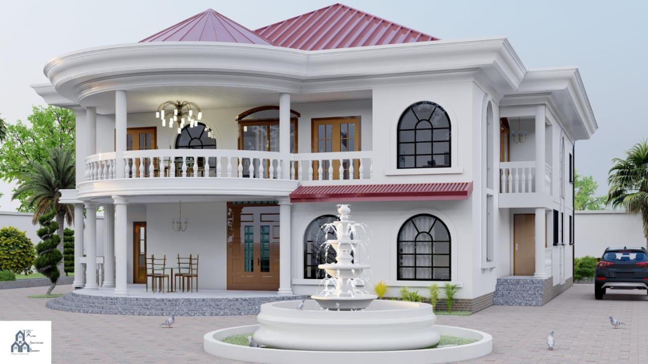 Villa classique avec fontaine, colonnes et terrasse