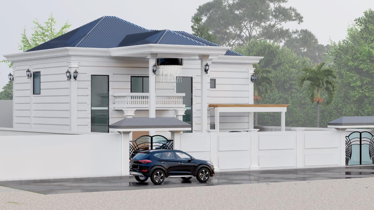 Villa classique blanche avec toiture sombre et clôture