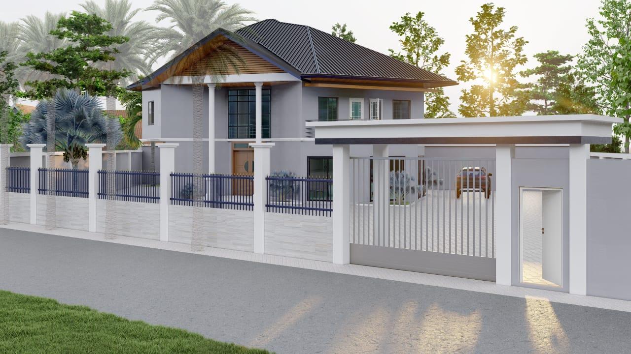 Villa avec portail, clôture et aménagement paysager