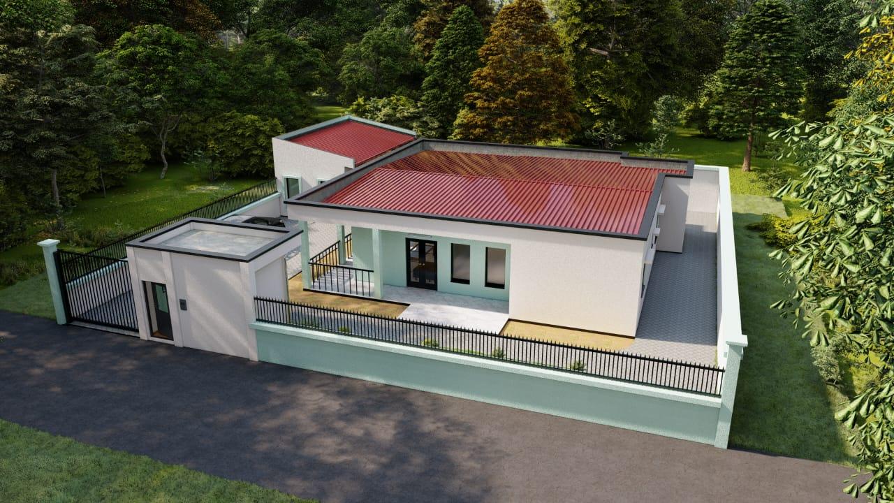 Vue aérienne d'une villa avec toiture rouge et clôture