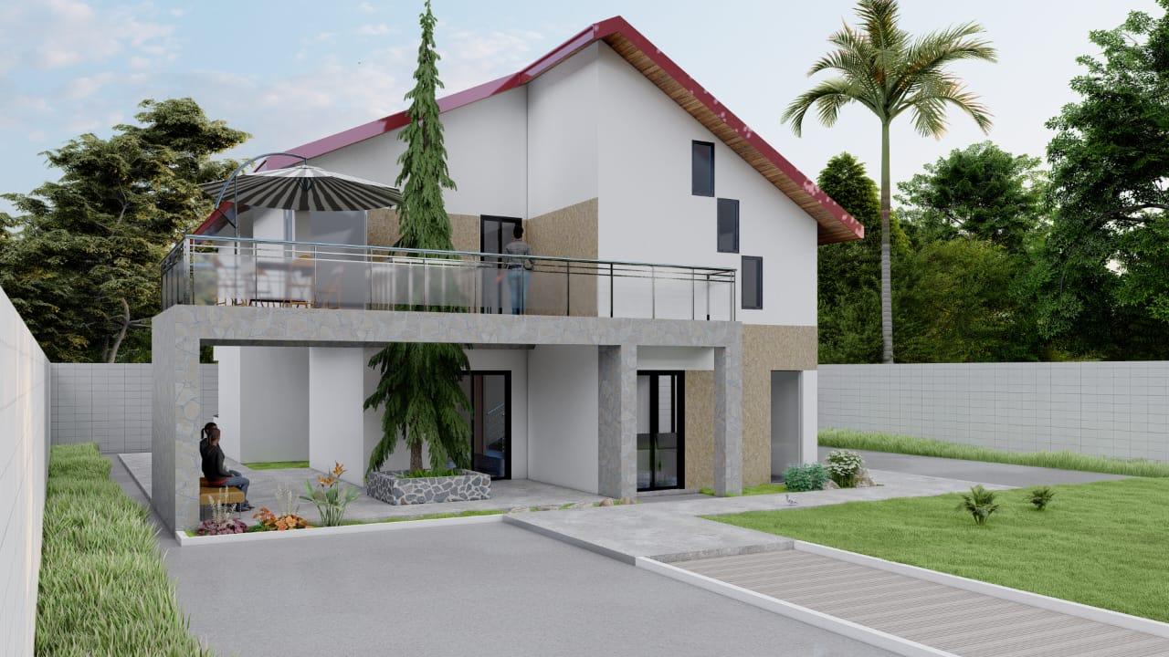 Villa avec grande terrasse, jardin et toiture inclinée