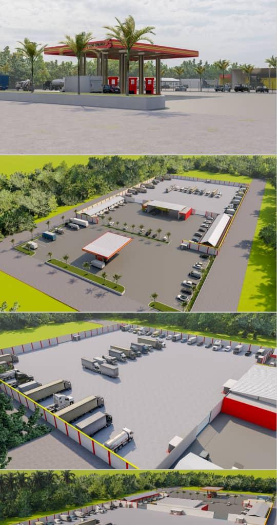 Perspectives 3D du Complexe Économique de Longstar avec station-service et zones logistiques