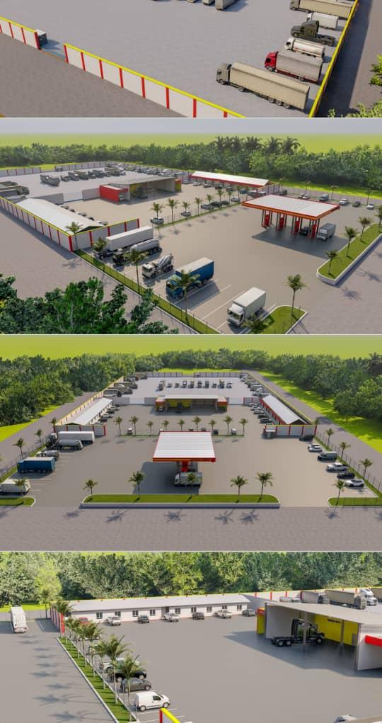 Maquette 3D du Complexe Économique de Longstar avec parkings et flux véhicules