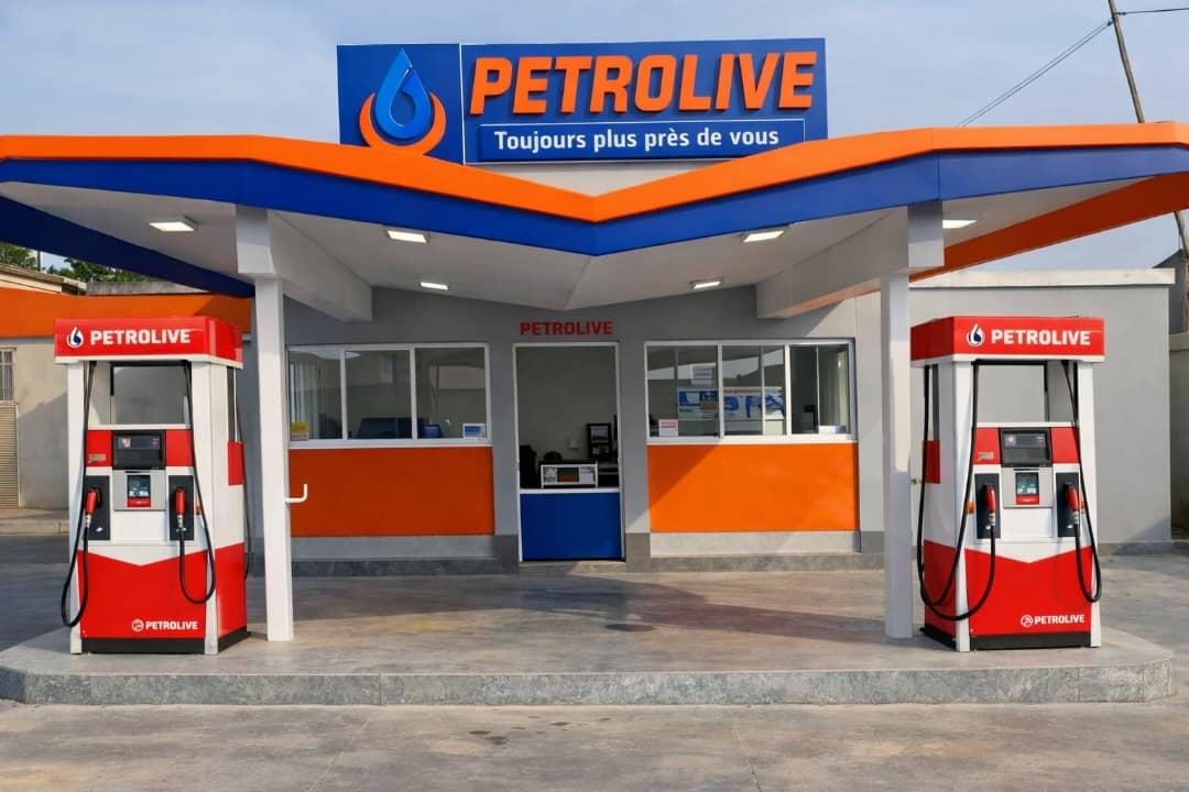 Station-service Petrolive RCA après finition avec pompes, auvent et identité visuelle